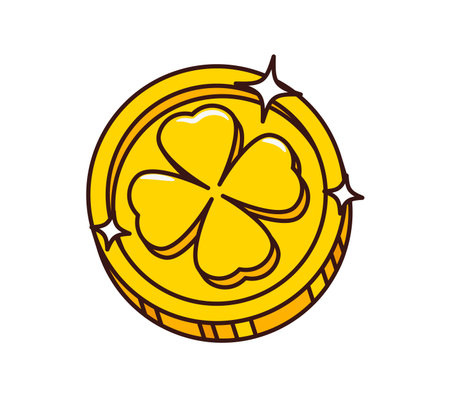 Cartoon groovy St Patrick day golden coin with shamrock engraved, Irish holiday symbol of luck and prosperity. Gold of leprechaun, isolated vector retro coin with clover leaf and sparks on edgeのイラスト素材