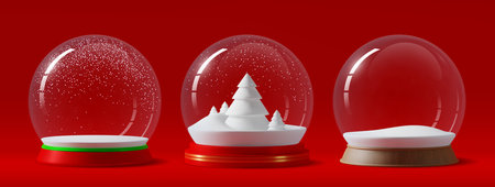3d glass snow balls with winter fir trees and snowy hills. Vector realistic Christmas snowball globes, New Year holiday snow balls decorations with glossy transparent glass domes and round basesのイラスト素材