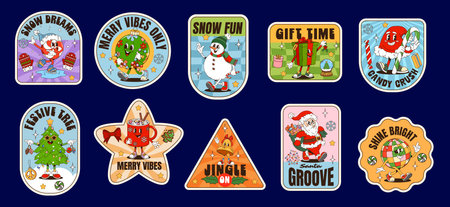 Christmas groovy label stickers Xmas retro patches for winter holiday, cartoon vector. Christmas Y2K groovy stickers with funny Santa and gifts bag, Xmas tree and funky snowman with greeting quotesのイラスト素材