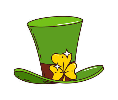 Cartoon St Patrick day groovy leprechaun green top hat Irish holiday accessory. Isolated vector retro whimsical cylinder cap in vibrant emerald hue, adorned with golden shamrock or clover plant buckleのイラスト素材