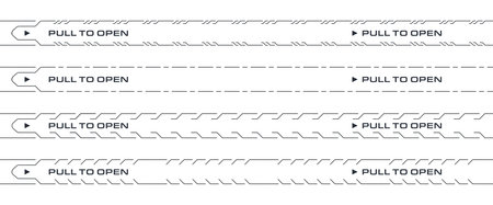 Perforated tear strip border line. Paper rip with text open here with knife or scissor sign for box, package, page, letter, coupon or ticket. Cutting guide for easy open packagingのイラスト素材