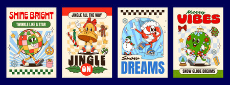 Vintage Christmas groovy hippie characters xmas posters. Vector retro holiday disco ball, Christmas bell, festive ornament and candy on ice skates, surrounded by snowflakes, bows and seasonal giftsのイラスト素材