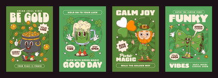 St Patrick Day irish holiday groovy characters green posters set. Retro hippie St Patrick Day vector personages, leprechaun with lucky clover, green beer, gold pot and bowtie groovy characters postersのイラスト素材