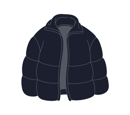 Winter wardrobe black puffer jacket, outdoor outfit item. Cold weather apparel outfit isolated element, winter wardrobe garment vector item. Autumn or spring black puffer jacket cartoon stickerのイラスト素材