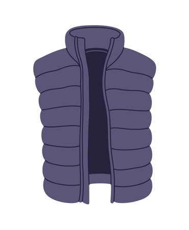 Winter wardrobe puffer vest, warm outfit. Winter wardrobe garment cartoon sticker, autumn or spring apparel outfit vector item. Warm clothes isolated accessory or cold weather puffer vest elementのイラスト素材