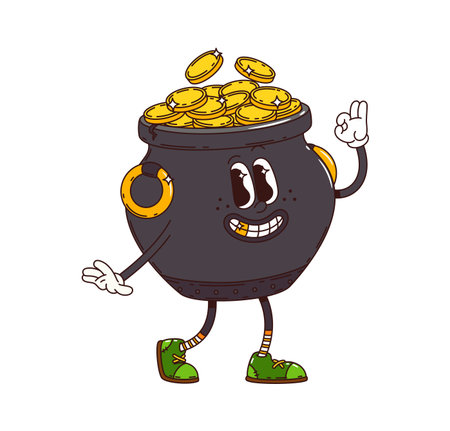 Cartoon St Patrick day groovy pot of gold character with golden coins. Isolated vector playful cauldron treasure retro personage celebrating holiday, symbolizing wealth, luck, happiness and prosperityのイラスト素材