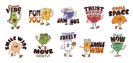 Funny breakfast y2k groovy stickers. Playful cartoon vector avocado, cheese, jam jar, cereal bowl, croissant, egg, milk, juice, tea and mug food characters with smiling faces spread good positive vibeのイラスト素材
