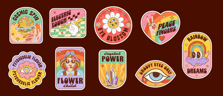 Hippie funky groovy label stickers, retro patches with peace fingers sign and rainbow, cartoon vector art. Y2K groovy stickers with hippie girl in sunglasses, trippy daisy flower and good vibe quotesのイラスト素材