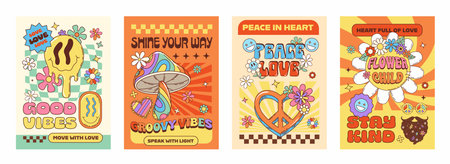 70s hippie groovy characters posters. Retro psychedelic cards with cheerful messages, smiling faces, colorful mushrooms, peace signs, flowers and bold typography, evoking free spirited vibe of the 60sのイラスト素材