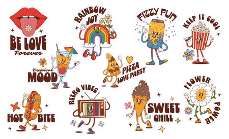 Y2k groovy stickers of soda can, hot dog, pizza, funny popcorn, ice cream, happy rainbow, cocktail, daisy flower, lips and tv characters. Retro cartoon hippie personage patches with vintage 70s vibesのイラスト素材