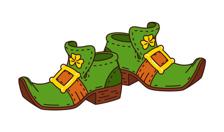 Cartoon St Patrick day groovy leprechaun boots, holiday retro footwear. Isolated vector pair of green pointed nosed Irish shoes with golden buckles and trefoils, embodying magical spirit of Irelandのイラスト素材
