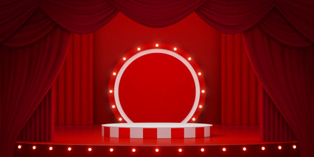 3d circus podium stage striped round platform placed in front of red draped curtains. Circle pedestal platform with light bulb ring. Circus show, theater, casino and party glowing podium standのイラスト素材