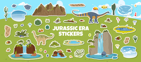 Prehistoric dinosaurs stickers pack of dinos, lush greenery, volcanic rocks, waterfalls, mountains, ponds, trees, ferns and dinosaur eggs. Cartoon vector stickers with Vulcanodon for school and gameのイラスト素材