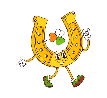 Cartoon St Patrick day groovy golden lucky horseshoe character with Irish national trefoil. Vector holiday retro personage, symbol of luck and prosperity, Ireland folklore and festival celebrationのイラスト素材