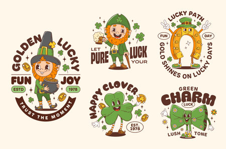 Happy St Patrick day groovy characters stickers for holiday, vector T shirt prints. St Patrick day groovy characters of leprechaun with green ale beer, funky horseshoe and shamrock clover characterのイラスト素材