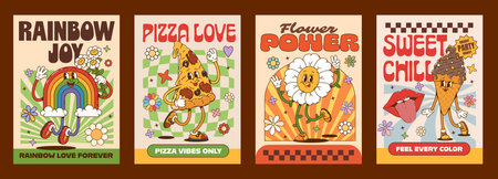 Groovy hippie characters posters with whimsical smiling rainbow, cheerful slice of pizza, groovy daisy flower and dancing ice cream cone. Cartoon vector retro y2k posters emphasize love, peace and funのイラスト素材
