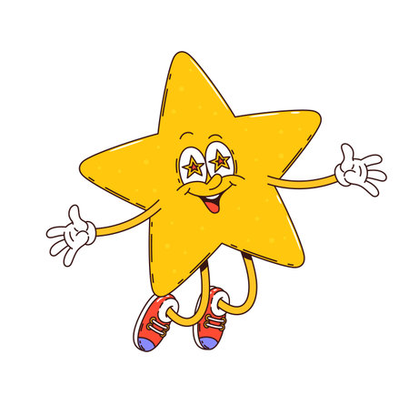 Cartoon groovy star character smiles brightly, jumps and spreads arms. Vector happy hippie twinkle star personage in retro sneakers and gloves full of fun and positivity, y2k vintage charm, funky vibeのイラスト素材