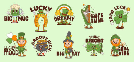 Irish St Patrick day y2k groovy stickers with cartoon cheerful leprechauns, shamrocks, gold coins, beer mug, rainbow and quirky text captions. Vector festive patches for holiday decor and celebrationsのイラスト素材