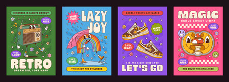 Retro groovy hippie characters posters with funny smiles in y2K cartoon vector. Groovy posters with psychedelic mushroom in emoji face, funky rainbow with umbrella and trippy retro radio characterのイラスト素材