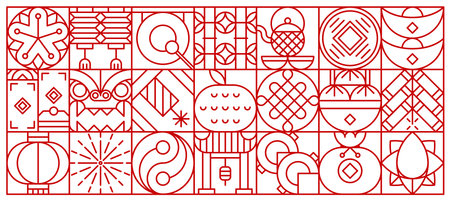Chinese Lunar New Year geometric pattern in red and white colors with abstract shapes and minimalist...