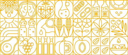 Sunflower, rapeseed, corn and other oil geometric pattern with agricultural motifs of sunflower,...