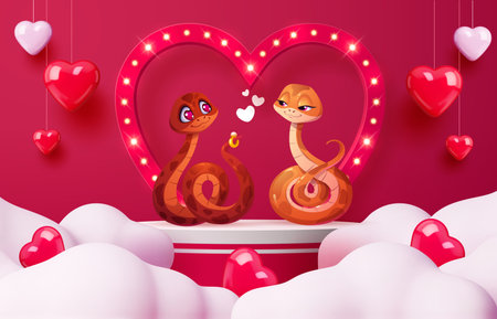 Valentine day podium stage with funny snakes couple and love hearts, vector greeting card. Valentine day love holiday podium stage or platform in clouds and hearts on strings for wedding marriageのイラスト素材