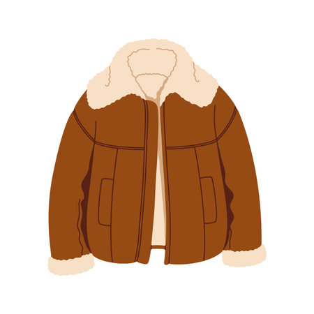 Winter wardrobe brown bomber jacket, outdoor clothing accessory. Autumn or spring clothes isolated element, winter wardrobe garment cartoon vector accessory. Warm brown bomber jacket itemのイラスト素材