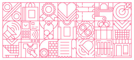 Retail and sale geometric pattern with abstract shopping carts, bags, percent sign, badge, wallet...