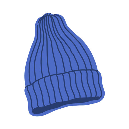 Winter wardrobe blue beanie, warm apparel item. Winter wardrobe blue beanie hat cartoon sticker, autumn or spring apparel headwear outfit isolated vector item. Warm garment accessory or elementのイラスト素材