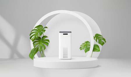 3d white podium vector stand with air purifier on round pedestal stage and green monstera leaves on...