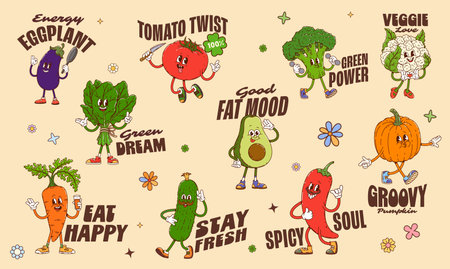 Funky y2k groovy vegetables stickers featuring dancing or walking characters. Funky vector eggplant, spinach, tomato, avocado, broccoli, cauliflower, carrot, cucumber, chili pepper, and pumpkin mascotのイラスト素材