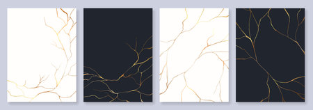 Japanese gold kintsugi cracks texture background with abstract golden lines inspired by broken ceramic repair philosophy of wabi sabi. Vector minimal zen aesthetic with contrast of white black patternのイラスト素材