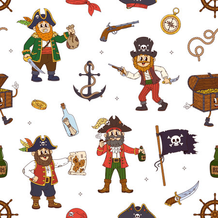 Cartoon groovy pirate and corsair characters  pattern with cheerful pirate characters holding swords, maps, bottles and treasure chest. Vector tile background with funny y2k swashbucklersのイラスト素材
