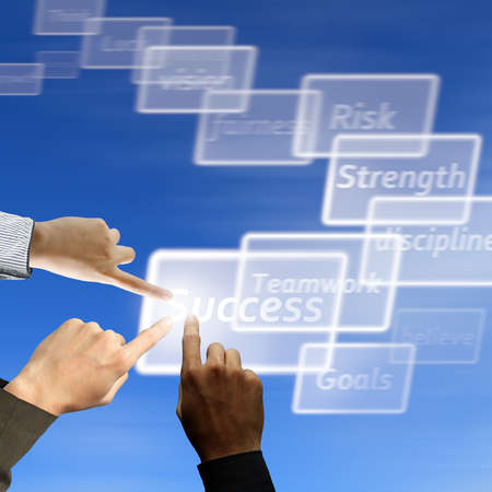 Business team touch on success virtual button on moving background