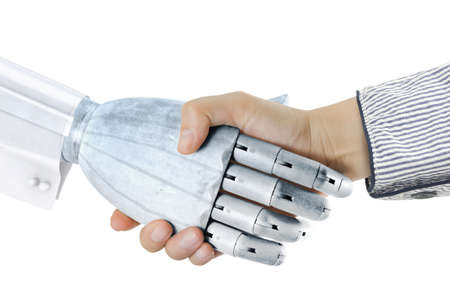 woman handshake with robot hand isolated on white background woman handshake with robot hand isolated on white background