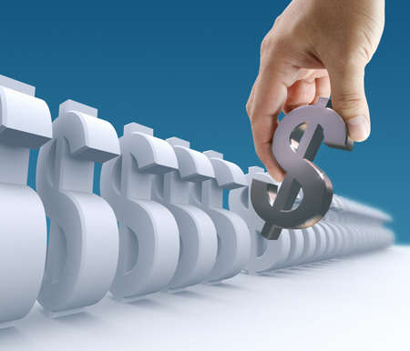 Business hand pick the right dollar sign on blue background
