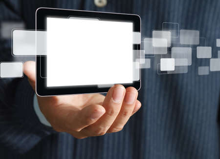 close up of business hand holds Touch screen mobile phone and buttons