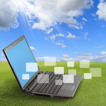 modern laptop and social network concept and blank buttonsの写真素材