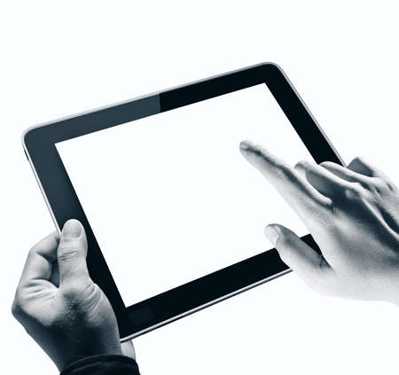 Hand pressing blank digital button on touch screen computer