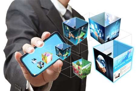 business hand shows touch screen mobile phone with 3d streaming images