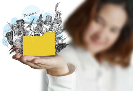 woman shows dream travel around the worldの写真素材