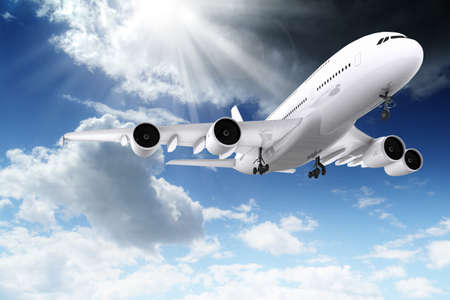 3d large passenger plane flying in the blue sky