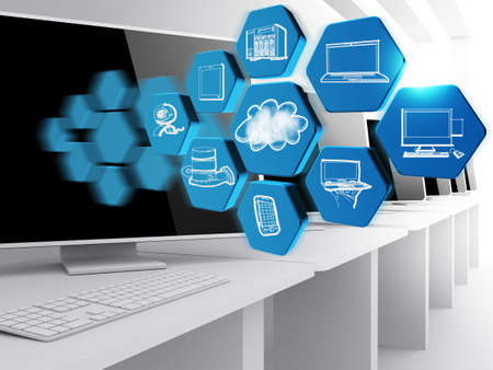 cloud network on abstract icon and computer room cloud network on abstract icon and computer room