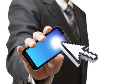 Close up of Business hand hold Touch screen mobile phone and buttons e-mailの写真素材