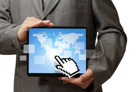 business man and hand cursor point to tablet computer,Elements of this image furnished by NASAの写真素材