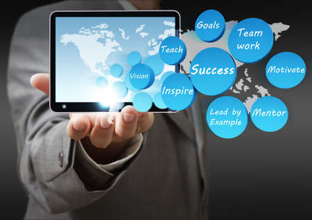 business hand shows success icon diagram and tablet computerの写真素材