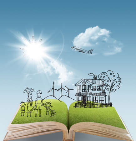 open book of family story and sky backgroundの写真素材