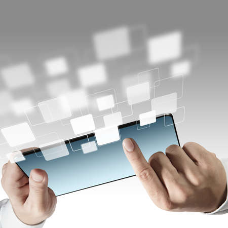 close up of hands use tablet computer and virtual iconsの写真素材