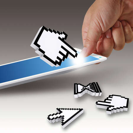 close up of hand picks tablet computerの写真素材