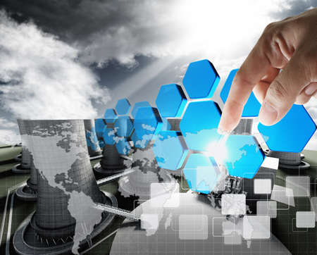 business man hand point to abstract icon on power plant backgroundの写真素材